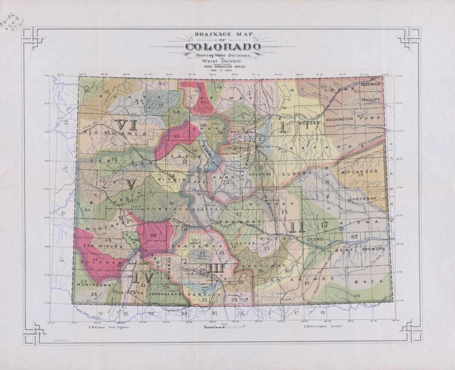 A hand-coloured state map of Colorado headed Drainage Map, its six water divisions marked in roman numerals across washes of colour and its water districts numbered inside them.