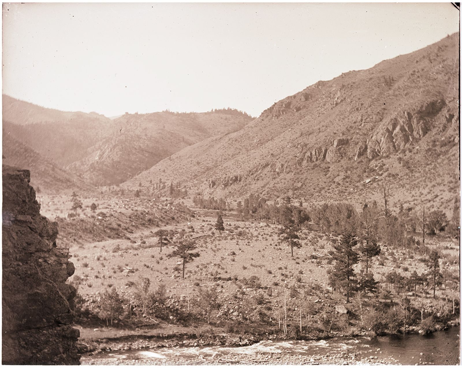 A photograph, 1903. Mountain valley with trees (Poudre River seepage trip).