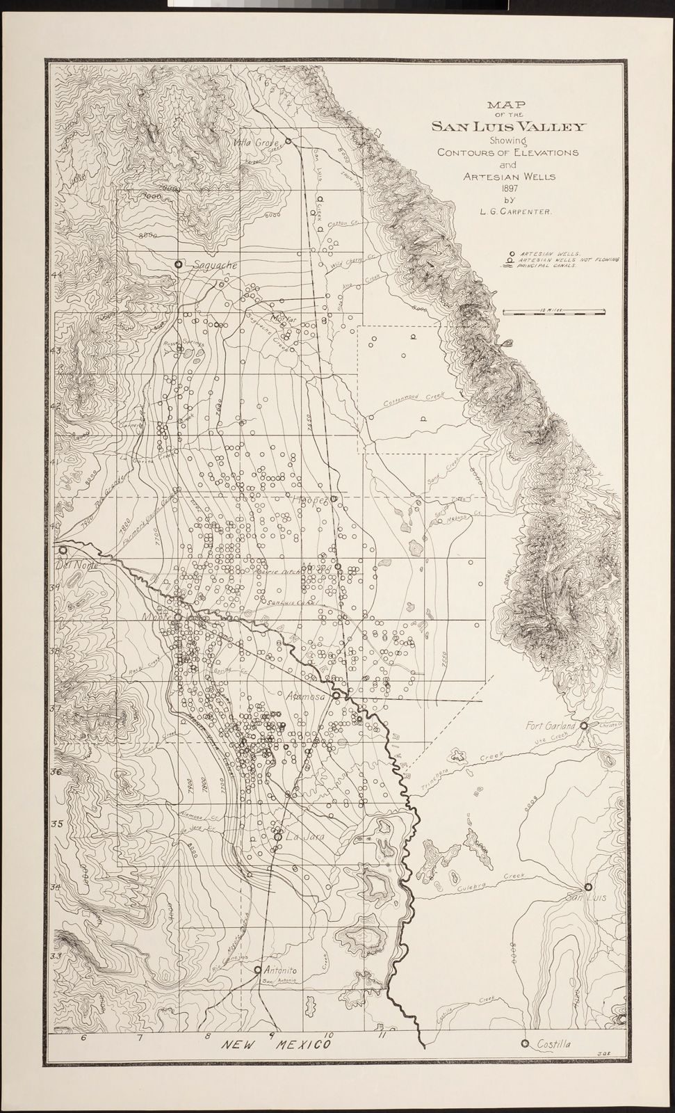 A map sheet, 1897. San Luis Valley showing contours of elevation and artesian wells.