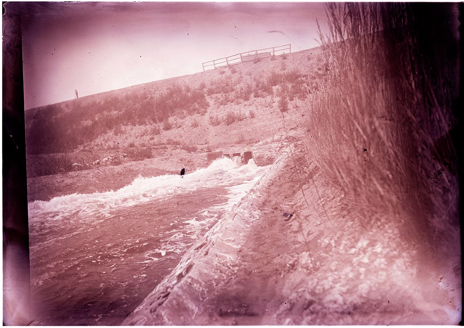 A photograph, 1903 July. Outlet Gates Fossil Creek Reservoir.