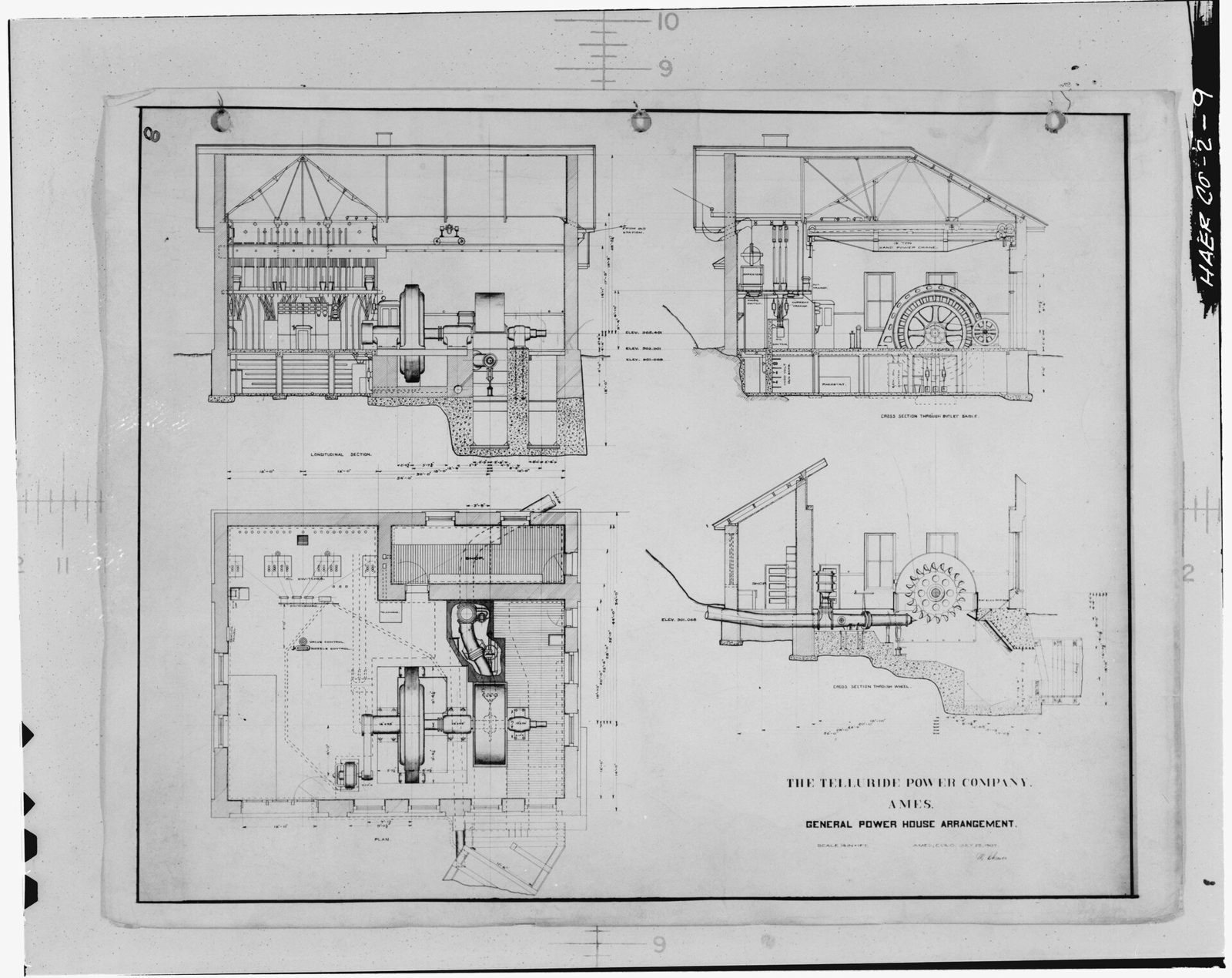 Plan and sections of telluride power company's 1905 power house.