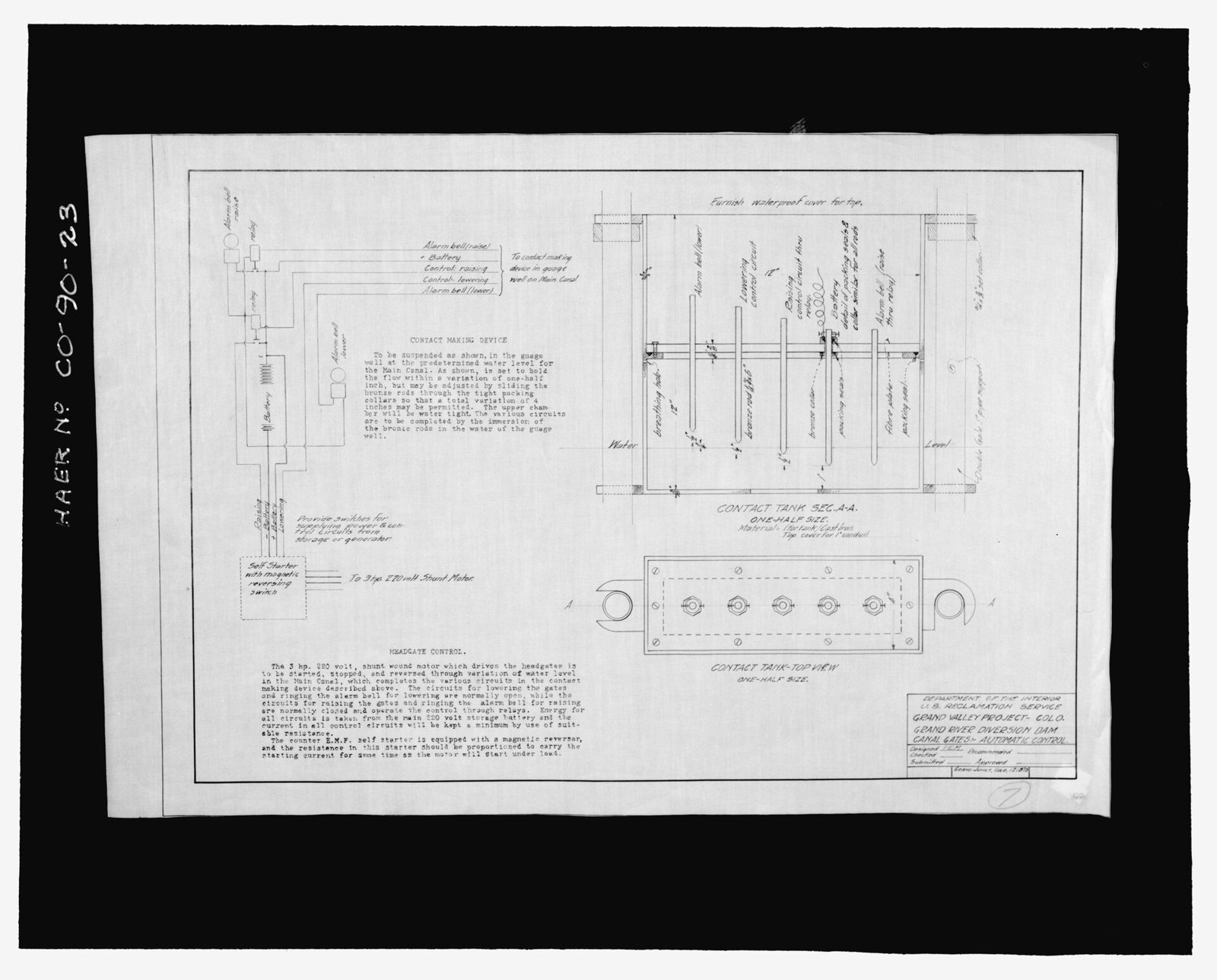 "Department of the Interior U.S. Reclamation Service Grand Valley Project - Colo. Grand River Diversion Dam Canal Gates - Automatic control." No date specified.