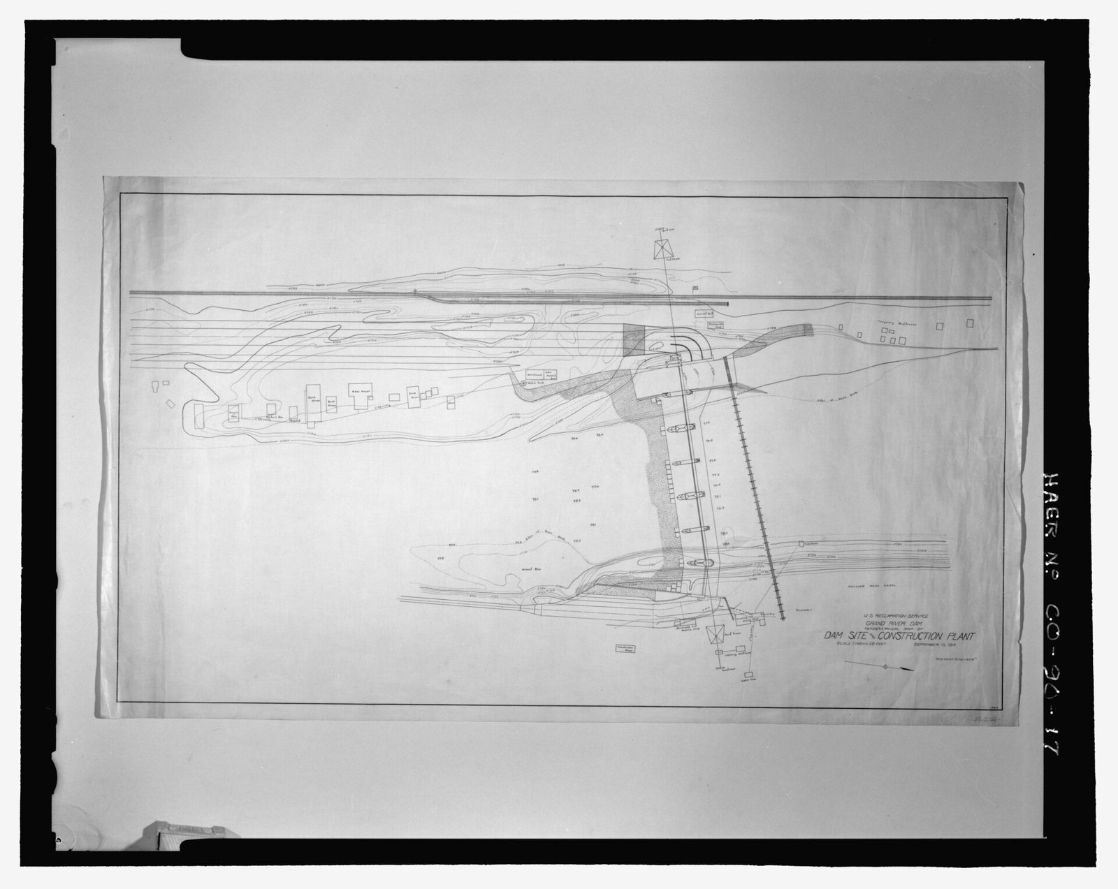 "U.S. Reclamation Service, Grand River Dam, topographical map of dam site and construction plant. September 15, 1914.".