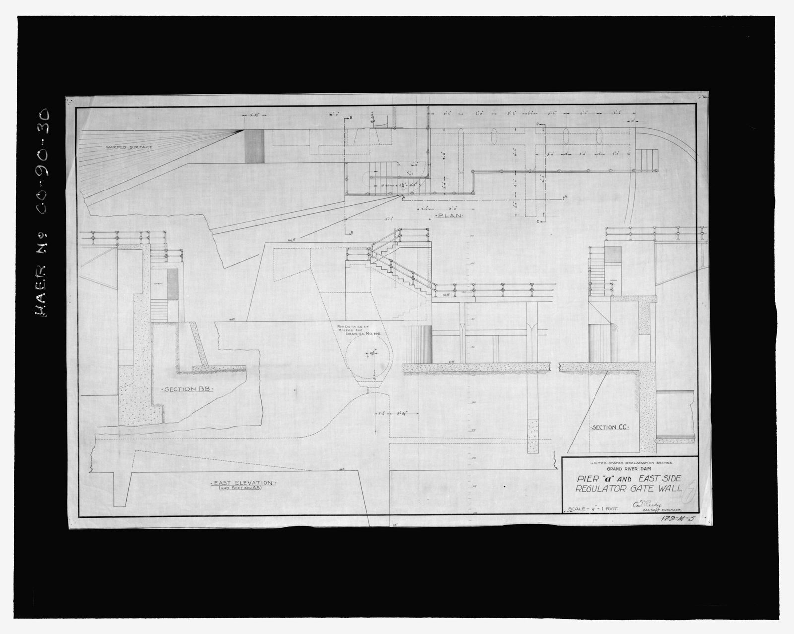 "United States Reclamation Service, Grand River Dam, pier "A" and east side regulator gate wall." No date specified.