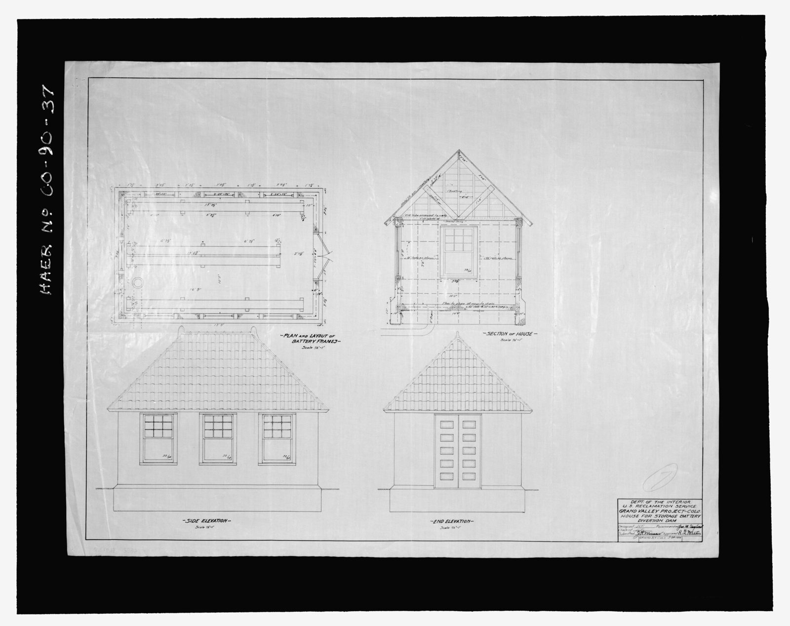 "Dept. Of the Interior, U.S. Reclamation Service, Grand Valley Project - Colo., house for storage battery diversion dam. 5-24-1916.".