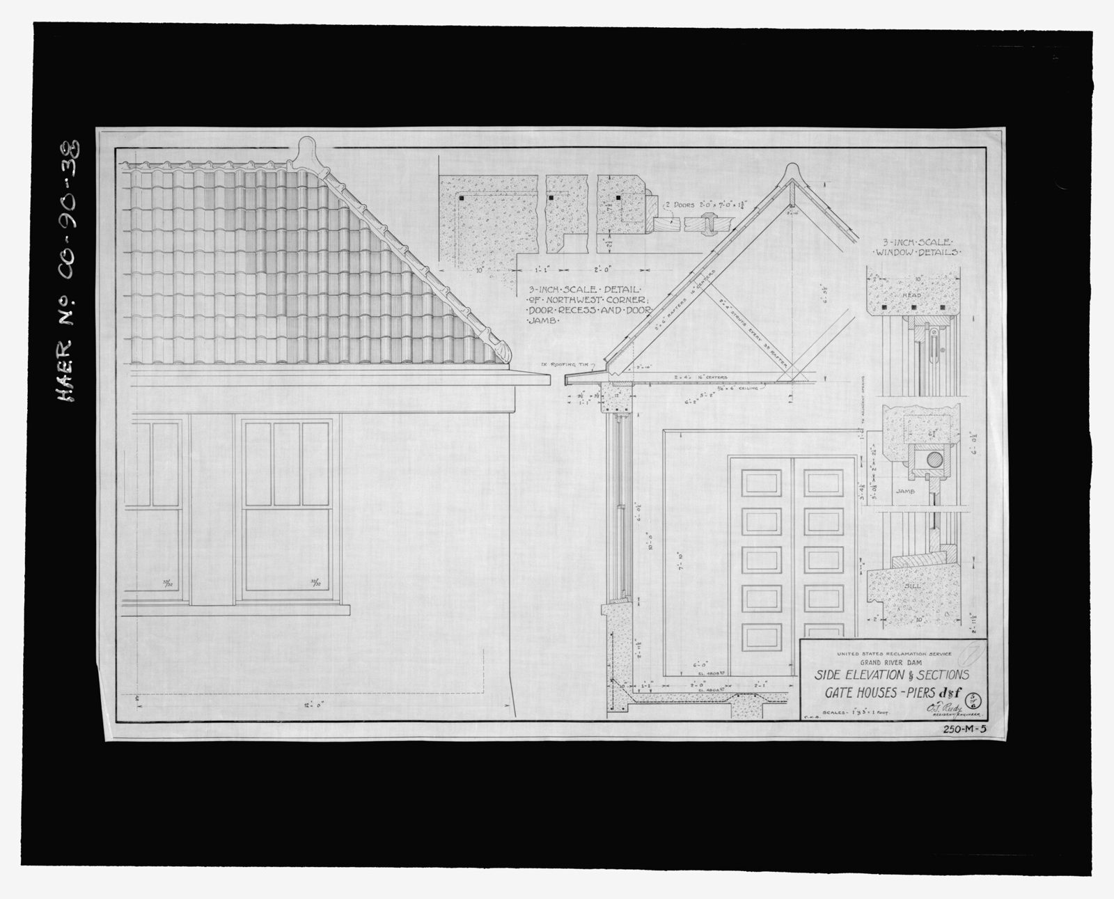 "United States Reclamation Service Grand River Dam side elevation and sections gate houses - piers D and F." No date specified.