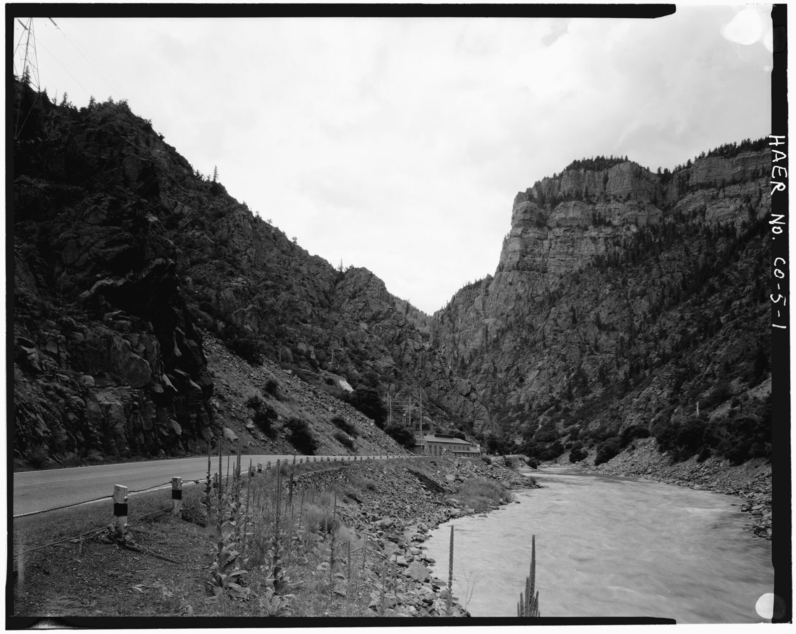 General view of Shoshone hydroelectric plant in Glenwood Canyon, view to the northeast along U.S. 6 and the Colorado river.