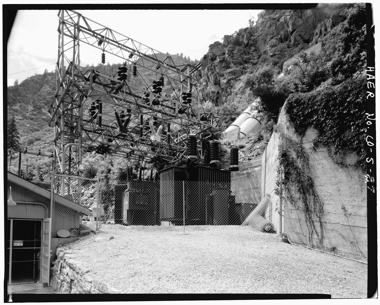 Detail of 69 kv substation, in the courtyard north of the main building, view to the west.