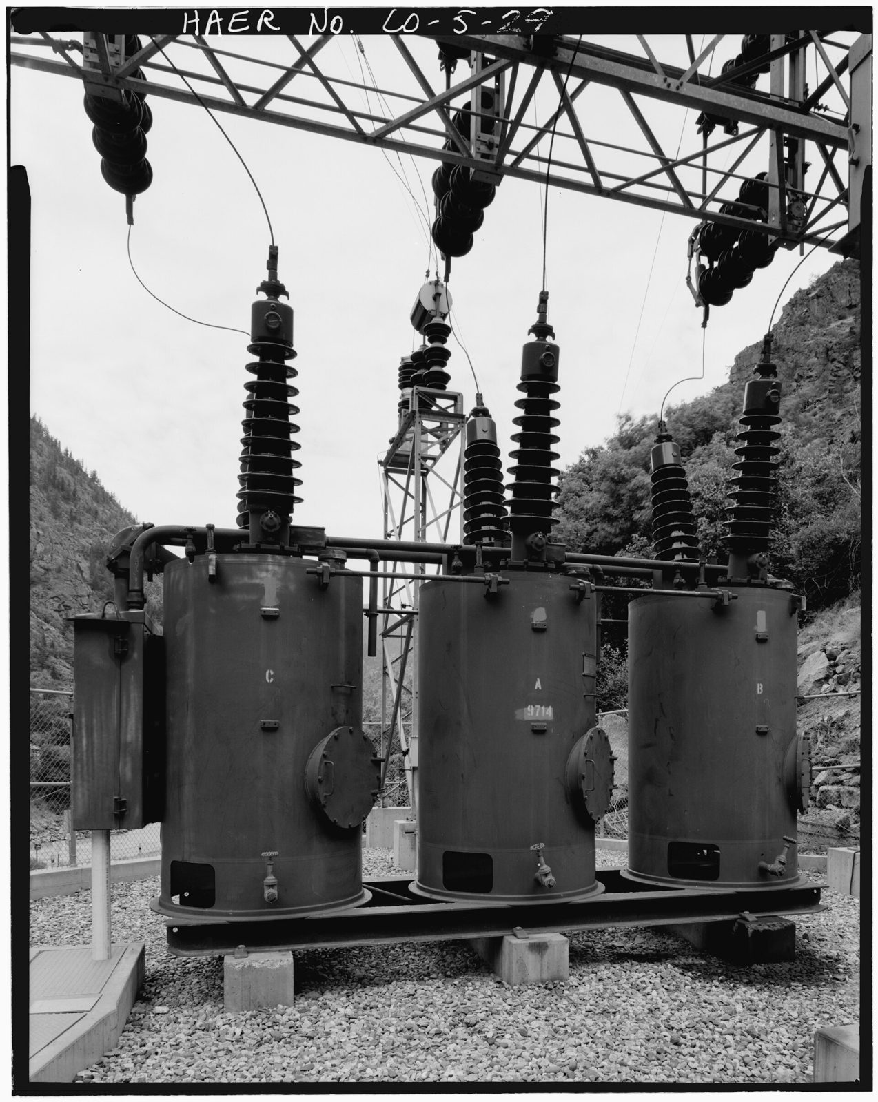 Detail of 115 kv power circuit breaker, 115 kv substation, view to the west.