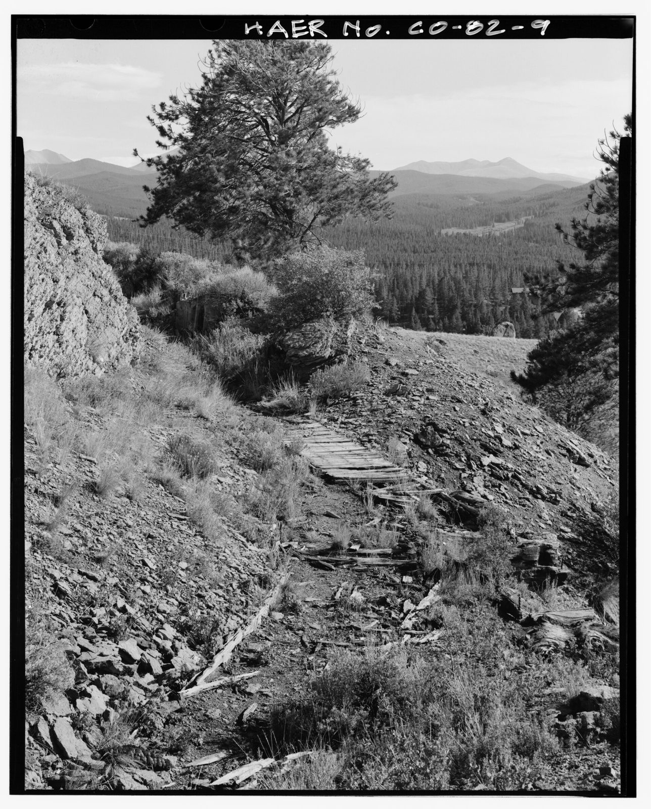 Flume box Y, looking south. Canal in foreground follows hillside into drainage; Flume heading to right crossed gulch on a trestle.