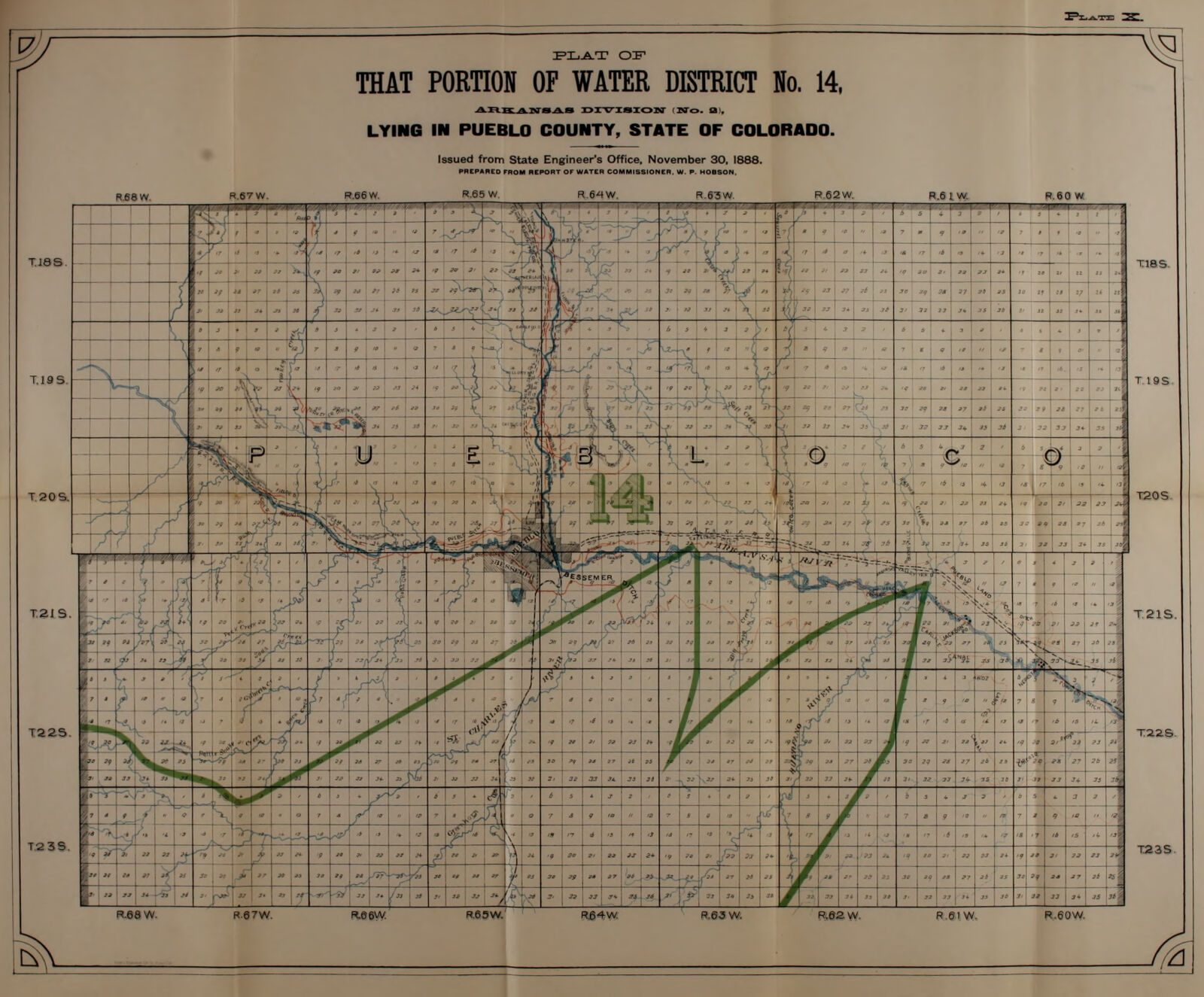 A folded State Engineer plate: the plat of Water District No. 14 on a township and range grid, with the ditches drawn and named, 1887-1888.