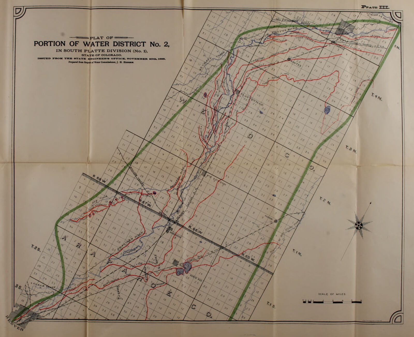 A folded State Engineer plate: the plat of Water District No. 2 on a township and range grid, with the ditches drawn and named, 1887-1888.
