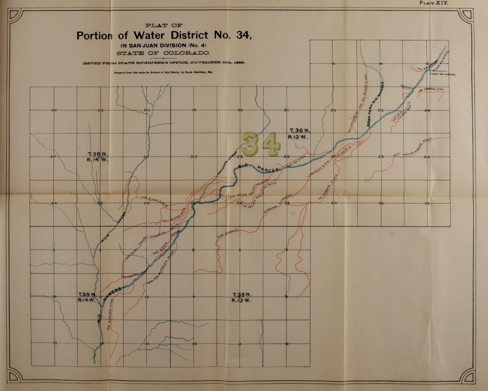 A folded State Engineer plate: the plat of Water District No. 34 on a township and range grid, with the ditches drawn and named, 1887-1888.
