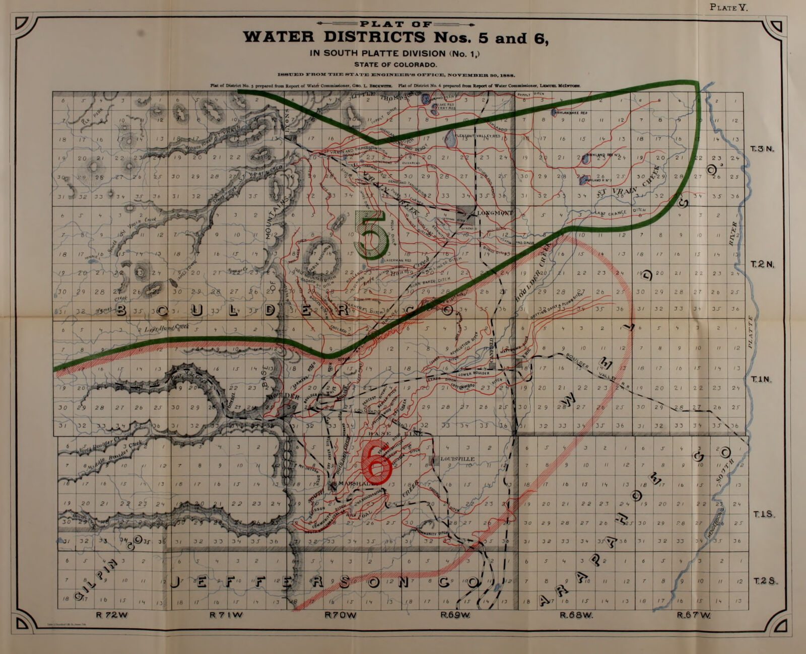 A folded State Engineer plate: the plat of Water District No. 5, No. 6 on a township and range grid, with the ditches drawn and named, 1887-1888.