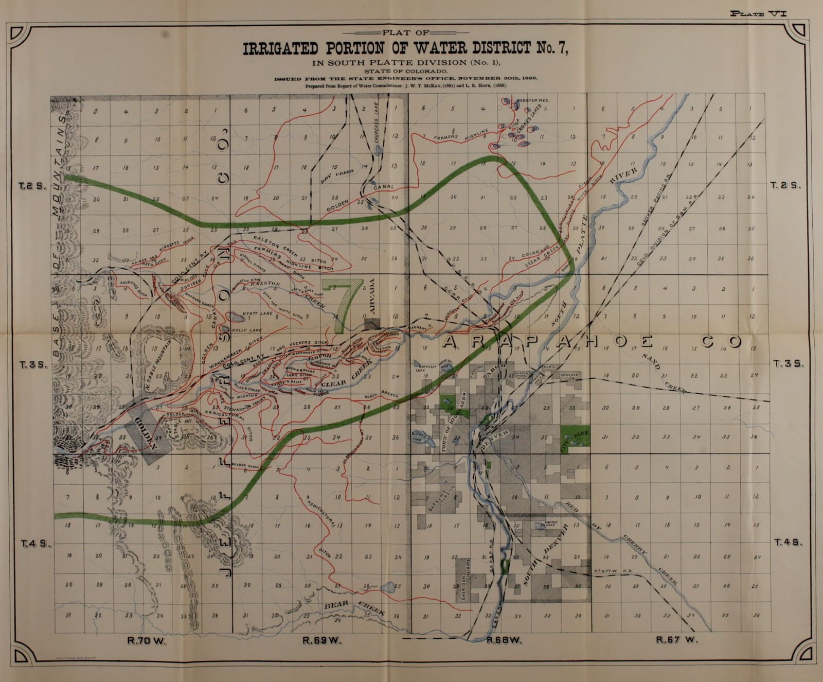 A folded State Engineer plate: the plat of Water District No. 7 on a township and range grid, with the ditches drawn and named, 1887-1888.
