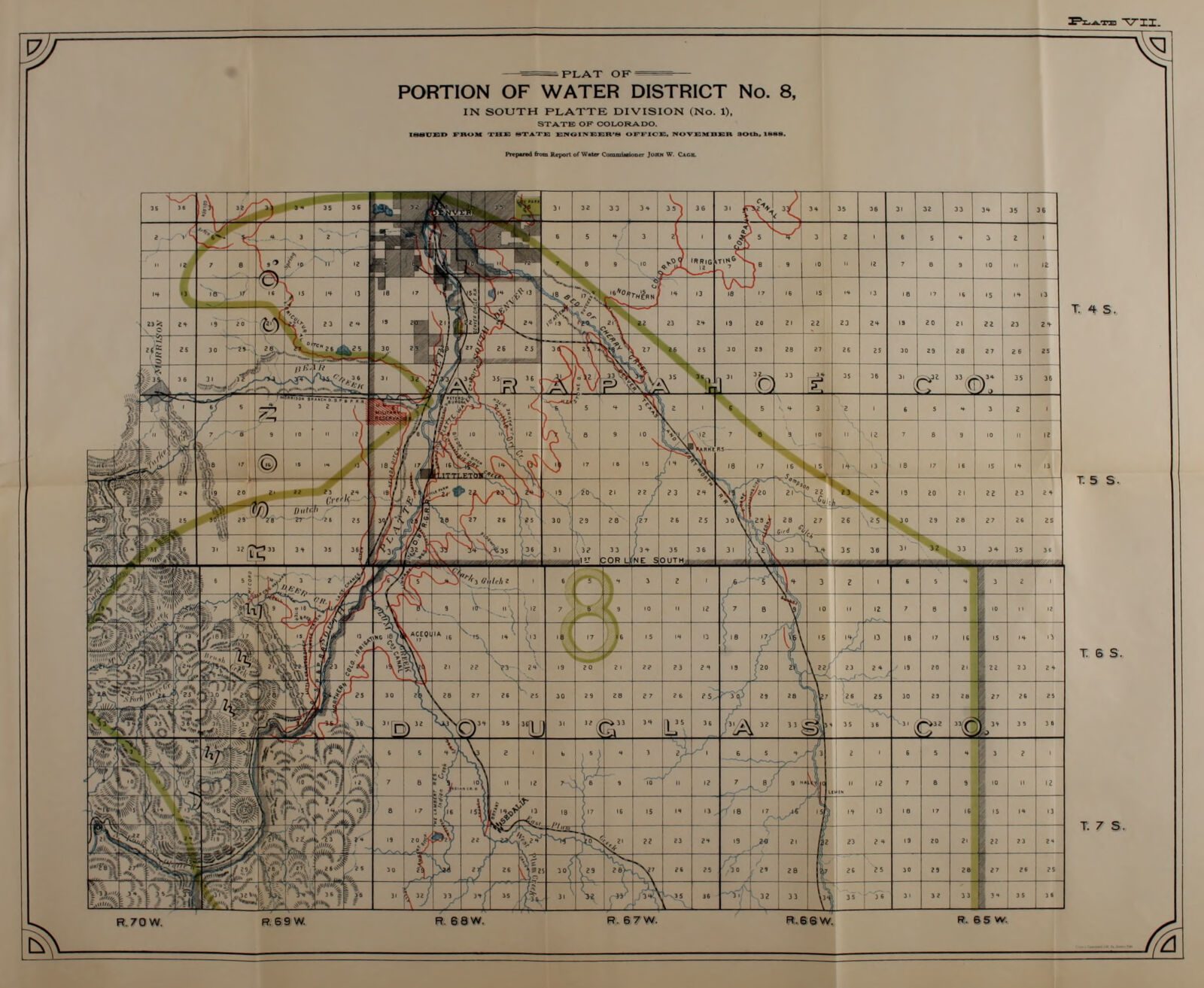A folded State Engineer plate: the plat of Water District No. 8 on a township and range grid, with the ditches drawn and named, 1887-1888.