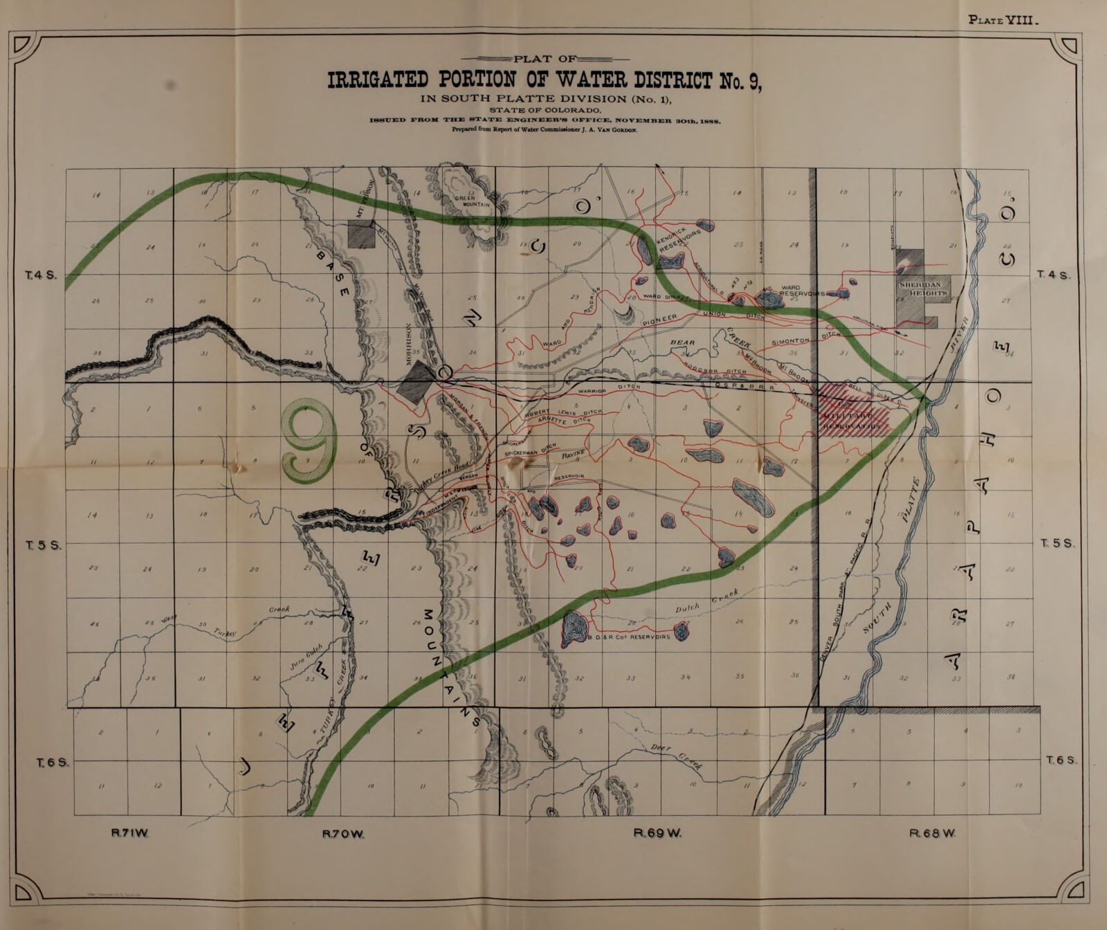 A folded State Engineer plate: the plat of Water District No. 9 on a township and range grid, with the ditches drawn and named, 1887-1888.