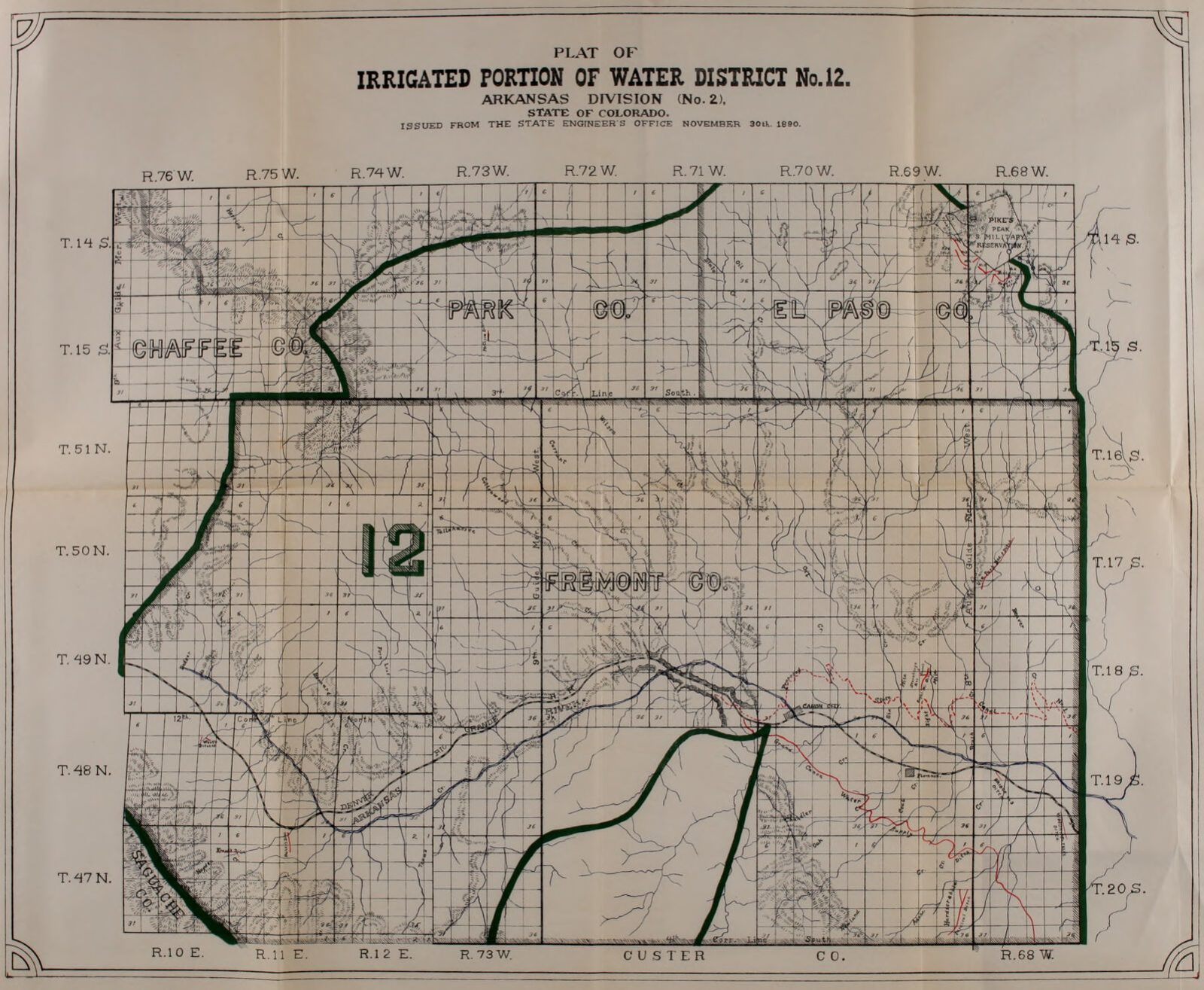 A folded State Engineer plate: the plat of Water District No. 12 on a township and range grid, with the ditches drawn and named, 1889-1890.