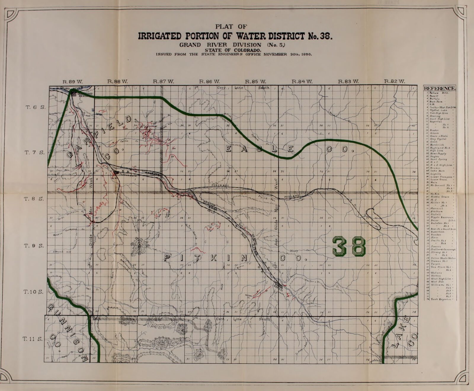 A folded State Engineer plate: the plat of Water District No. 38 on a township and range grid, with the ditches drawn and named, 1889-1890.