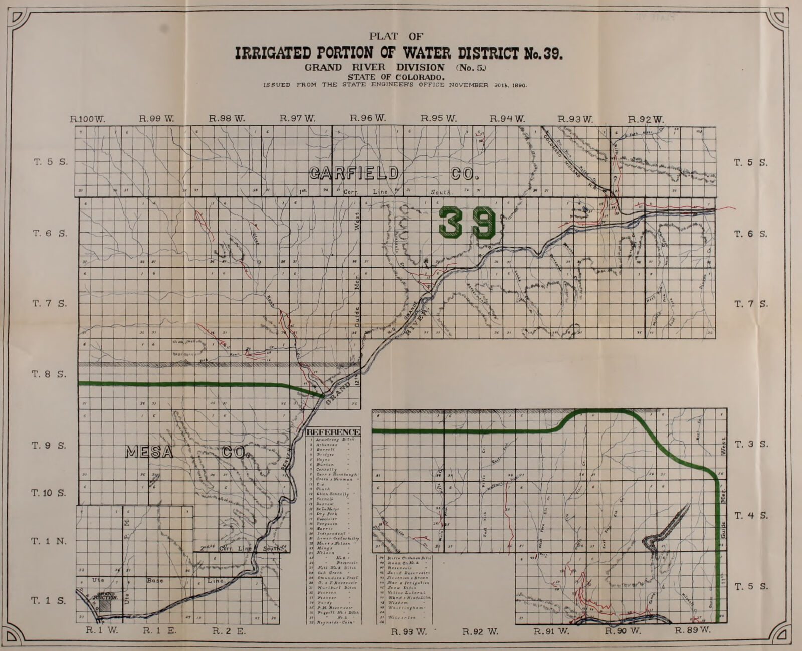 A folded State Engineer plate: the plat of Water District No. 39 on a township and range grid, with the ditches drawn and named, 1889-1890.