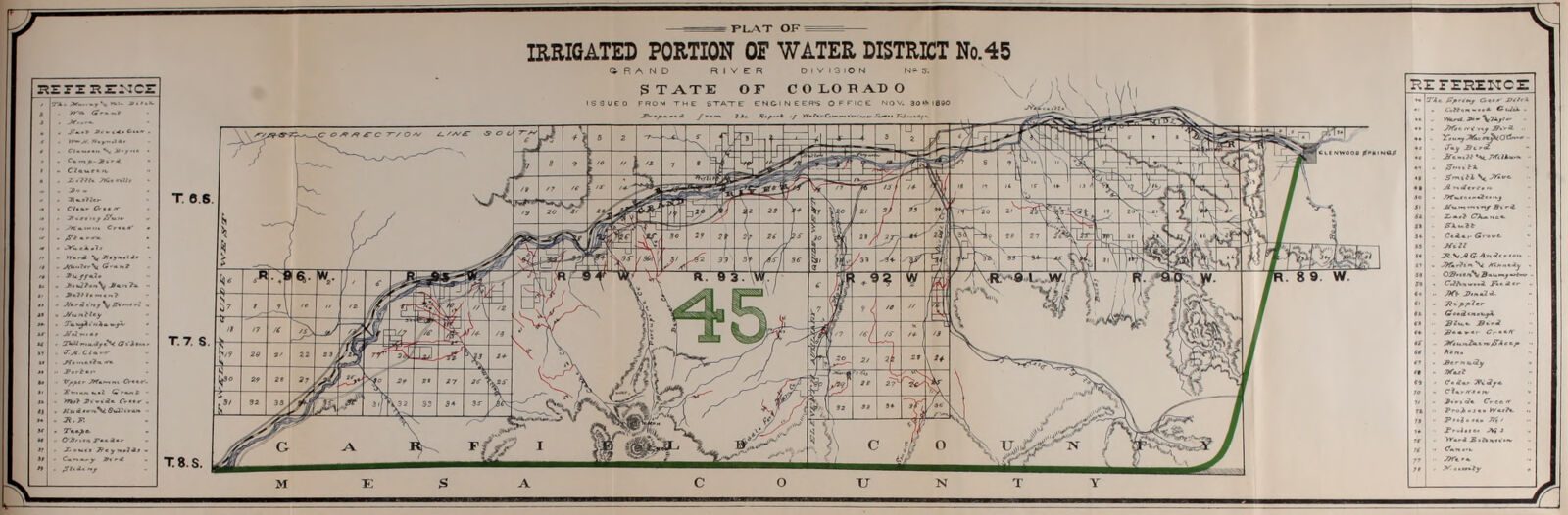 A folded State Engineer plate: the plat of Water District No. 45 on a township and range grid, with the ditches drawn and named, 1889-1890.