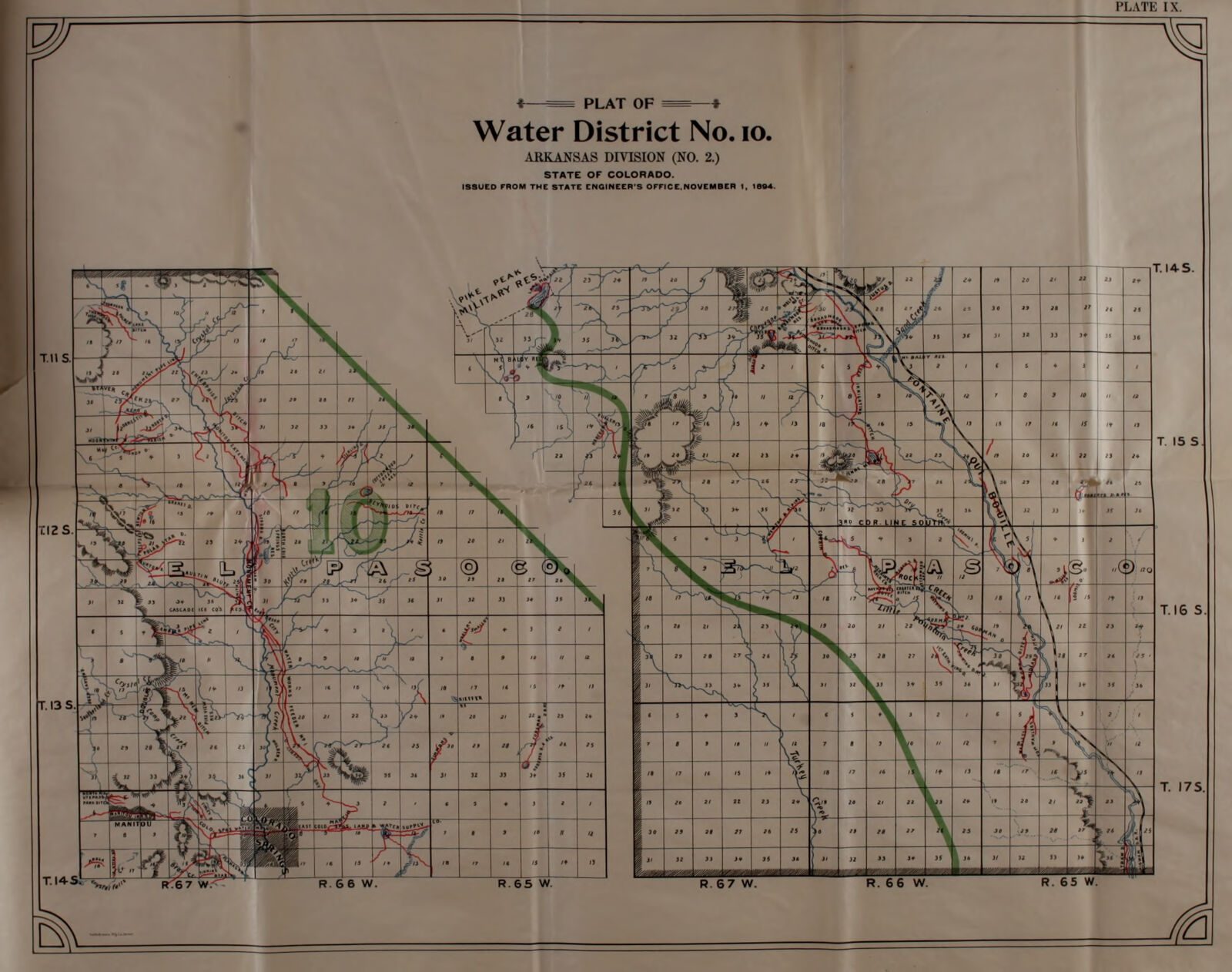 A folded State Engineer plate: the plat of Water District No. 10 on a township and range grid, with the ditches drawn and named, 1893-1894.