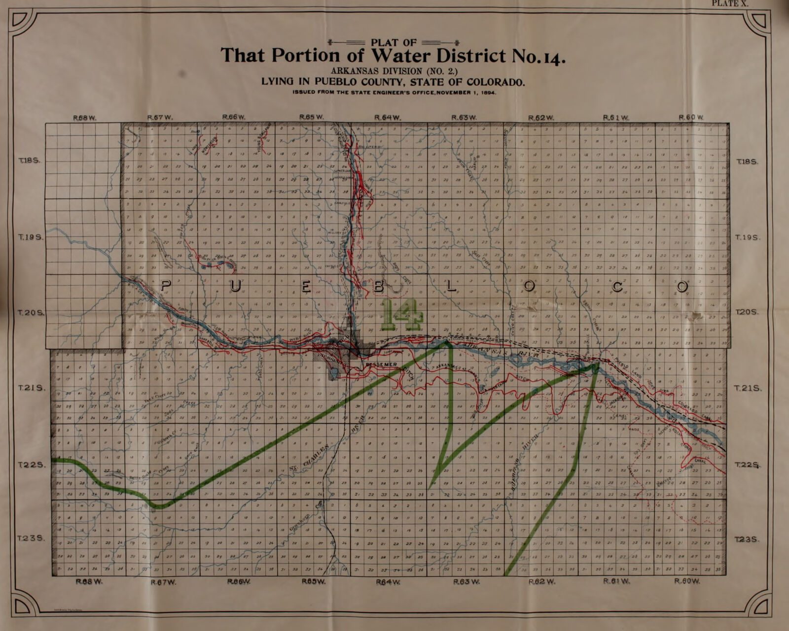 A folded State Engineer plate: the plat of Water District No. 14 on a township and range grid, with the ditches drawn and named, 1893-1894.