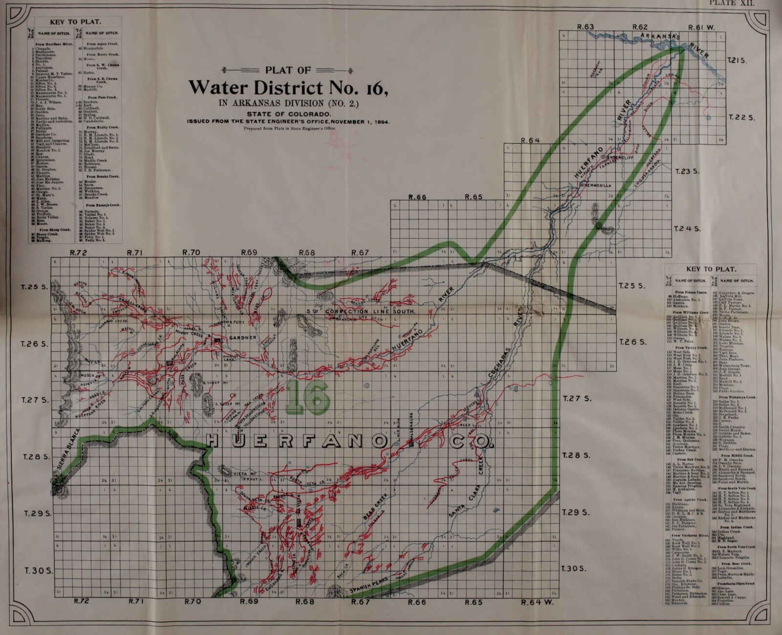 A folded State Engineer plate: the plat of Water District No. 16 on a township and range grid, with the ditches drawn and named, 1893-1894.
