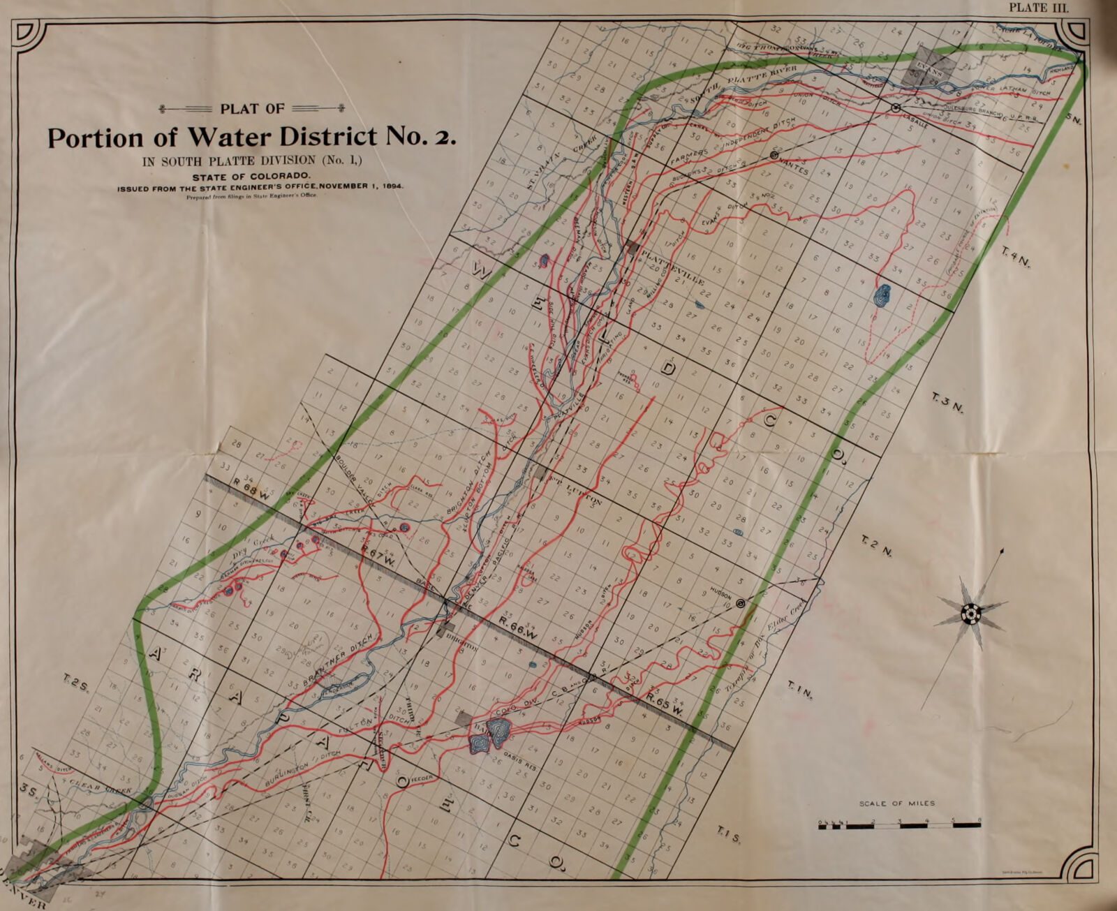 A folded State Engineer plate: the plat of Water District No. 2 on a township and range grid, with the ditches drawn and named, 1893-1894.