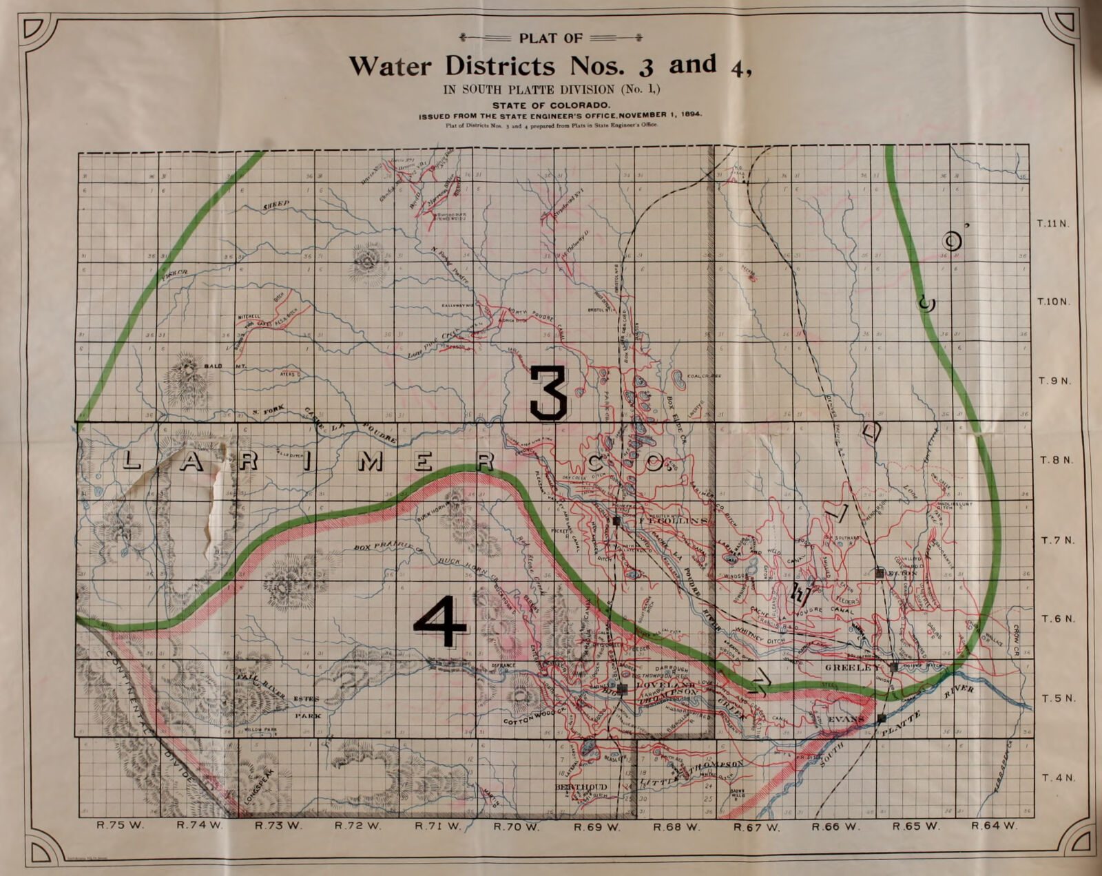 A folded State Engineer plate: the plat of Water District No. 3, No. 4 on a township and range grid, with the ditches drawn and named, 1893-1894.