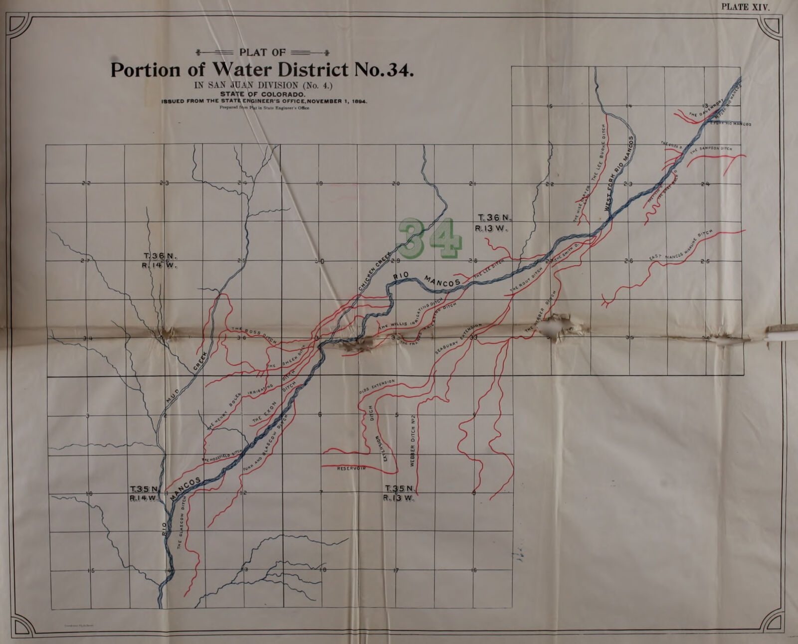 A folded State Engineer plate: the plat of Water District No. 34 on a township and range grid, with the ditches drawn and named, 1893-1894.