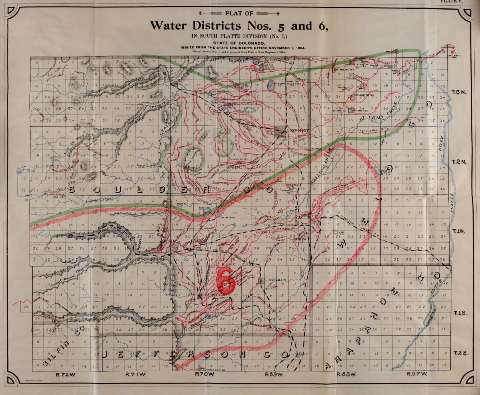 A folded State Engineer plate: the plat of Water District No. 5, No. 6 on a township and range grid, with the ditches drawn and named, 1893-1894.