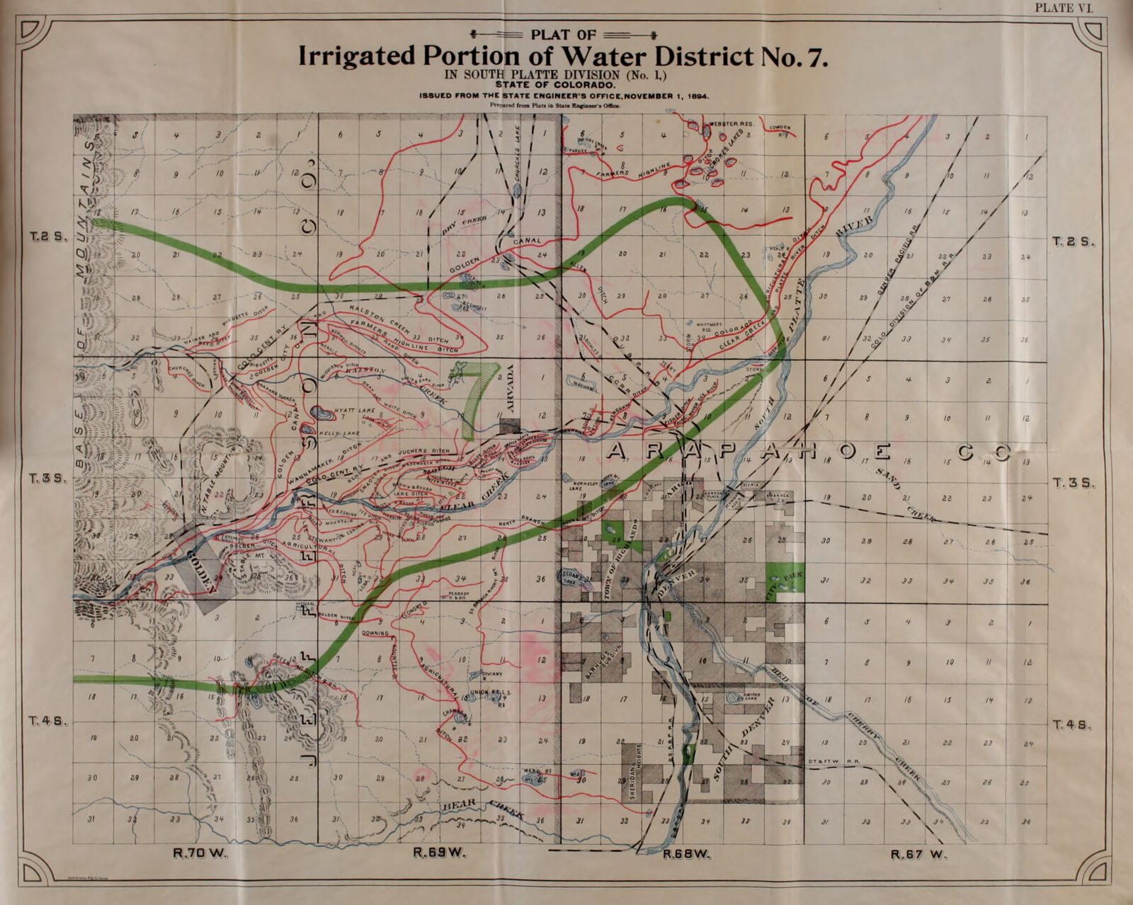 A folded State Engineer plate: the plat of Water District No. 7 on a township and range grid, with the ditches drawn and named, 1893-1894.