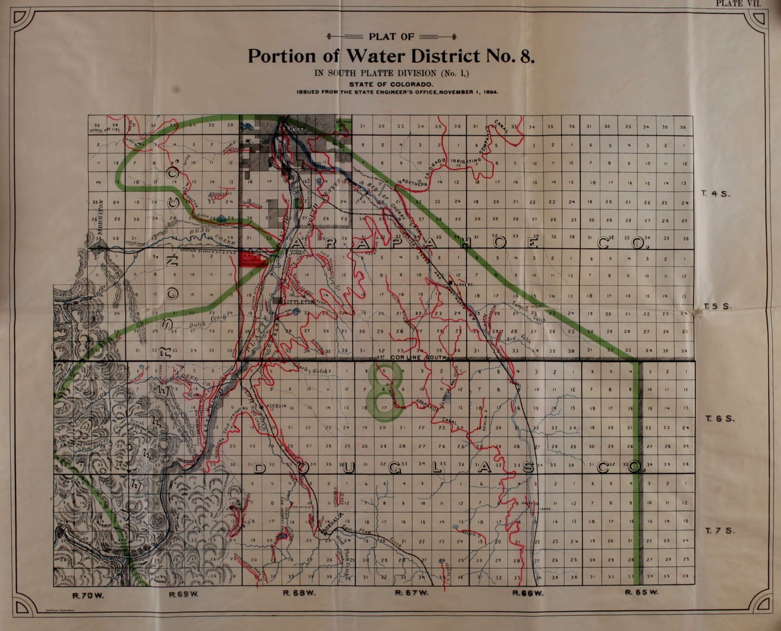 A folded State Engineer plate: the plat of Water District No. 8 on a township and range grid, with the ditches drawn and named, 1893-1894.