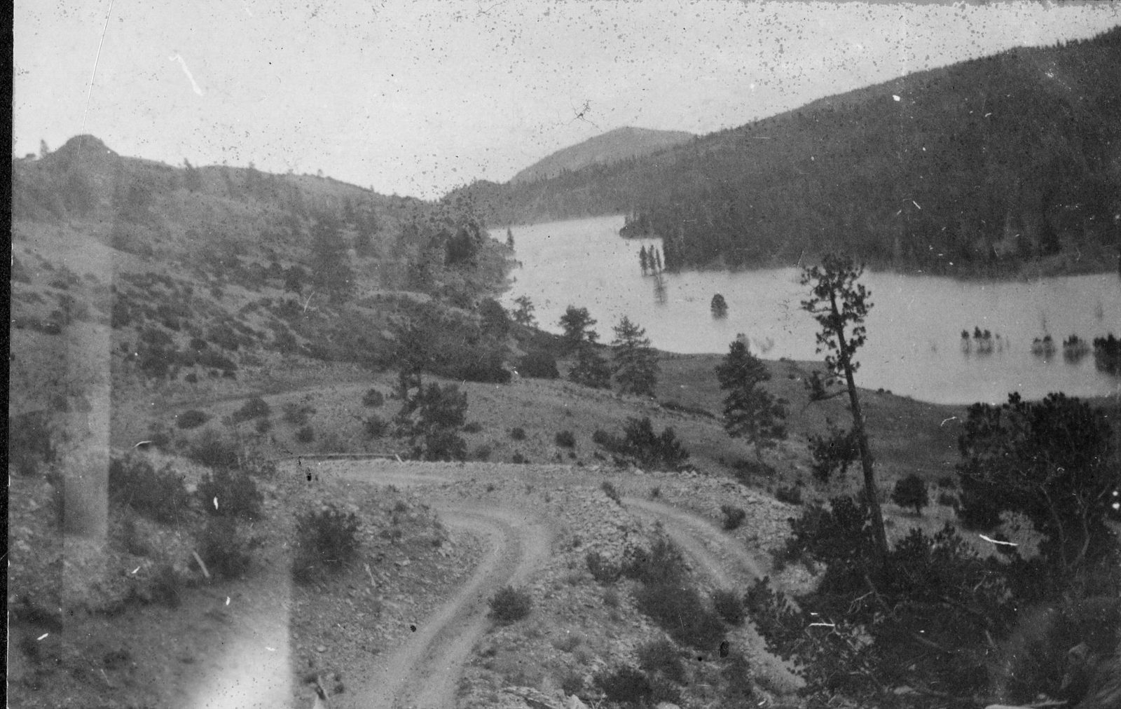 A reservoir filling a forested valley with dead trees still standing in the shallows, and a road switchbacking down the bare hillside in the foreground; the print is scratched along its left edge.