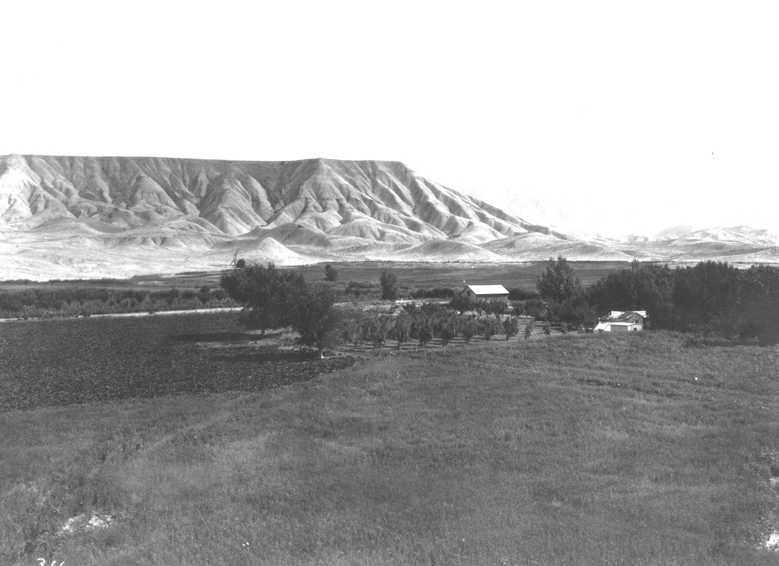 Irrigated fields, an orchard and a farmhouse with a white roof spread across a valley floor beneath bare, deeply eroded badland hills.